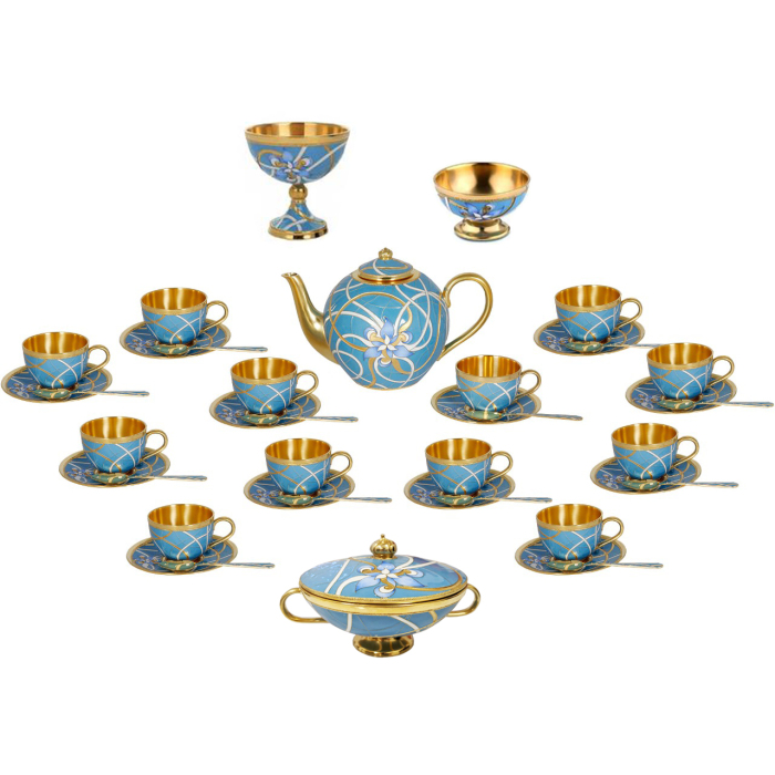 Чайный набор "Нежность" на 12 персон (серебро, эмаль)